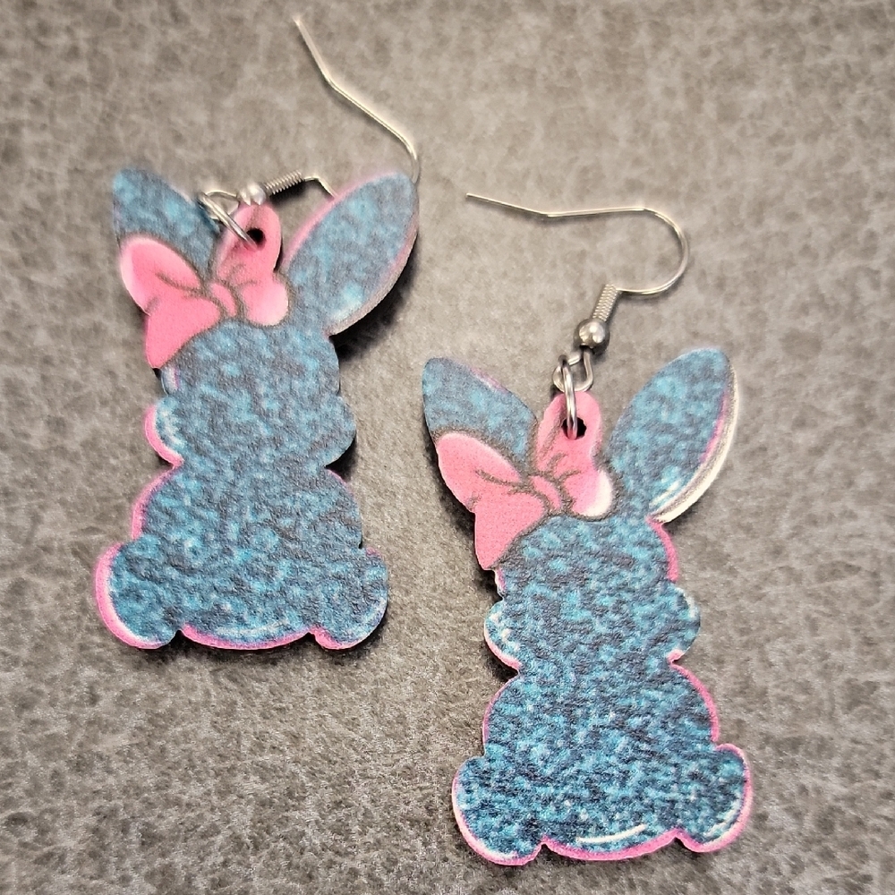 Wood Blue and Pink Bunny Earrings